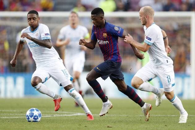 (l-r) Pablo Rosario of PSV, Ousmane Dembele of FC Barcelona Barca Jorrit Hendrix of PSV during the UEFA Champions League group B match between FC Barcelona and PSV Eindhoven at the Camp Nou stadium on September 18, 2018 in Barcelona, Spain. UEFA Champions League 2018 2019 xVIxVIxImagesx xMauricexvanxSteenxIVx 12162271