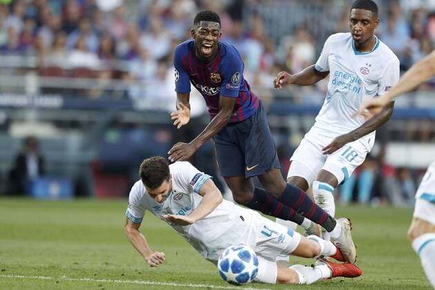 BARCELONA, 18-09-2018, Stadium Nou Camp, season 2018 2019, Champions League football. (Left-right) PSV player Nick Viergever , Barcelona player Ousmane Dembele , PSV player Pablo Rosario during the match FC Barcelona Barca - PSV . Barcelona - PSV  x2474660x