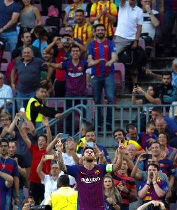 FC Barcelona Barca s Argentinian striker Lionel Messi jubilates a goal during the first UEFA Champions League group B match between FC Barcelona and PSV Eindhoven, at the Camp Nou stadium, in Barcelona, Catalonia, Spain, 18 September 2018. FC Barcelona vs. PSV Eindhoven !ACHTUNG: NUR REDAKTIONELLE NUTZUNG!  Copyright: xEnricxFontcubertax BCN09 20180918-636728974276633113