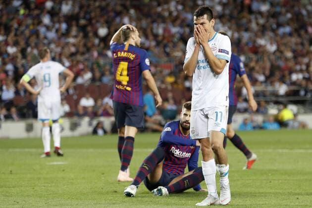 BARCELONA, 18-09-2018, Stadium Nou Camp, season 2018 2019, Champions League football. PSV player Hirving Lozano disappointment during the match FC Barcelona Barca - PSV . Barcelona - PSV  x2474928x