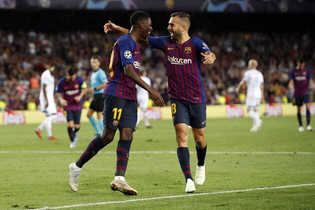 (l-r) Ousmane Dembele of FC Barcelona Barca Jordi Alba of FC Barcelona during the UEFA Champions League group B match between FC Barcelona and PSV Eindhoven at the Camp Nou stadium on September 18, 2018 in Barcelona, Spain. UEFA Champions League 2018 2019 xVIxVIxImagesx xMauricexvanxSteenxIVx 12163034