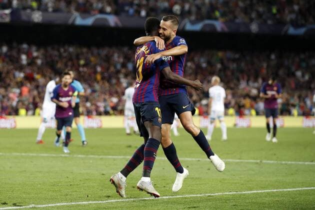 (l-r) Ousmane Dembele of FC Barcelona Barca Jordi Alba of FC Barcelona during the UEFA Champions League group B match between FC Barcelona and PSV Eindhoven at the Camp Nou stadium on September 18, 2018 in Barcelona, Spain. UEFA Champions League 2018 2019 xVIxVIxImagesx xMauricexvanxSteenxIVx 12163035