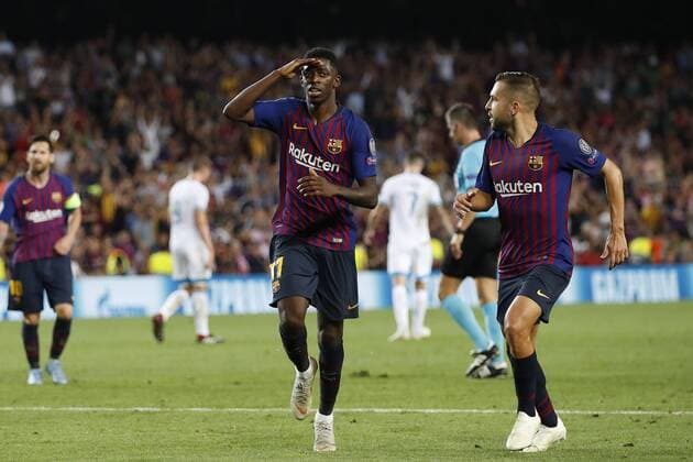 (l-r) Ousmane Dembele of FC Barcelona Barca Jordi Alba of FC Barcelona during the UEFA Champions League group B match between FC Barcelona and PSV Eindhoven at the Camp Nou stadium on September 18, 2018 in Barcelona, Spain. UEFA Champions League 2018 2019 xVIxVIxImagesx xMauricexvanxSteenxIVx 12163036