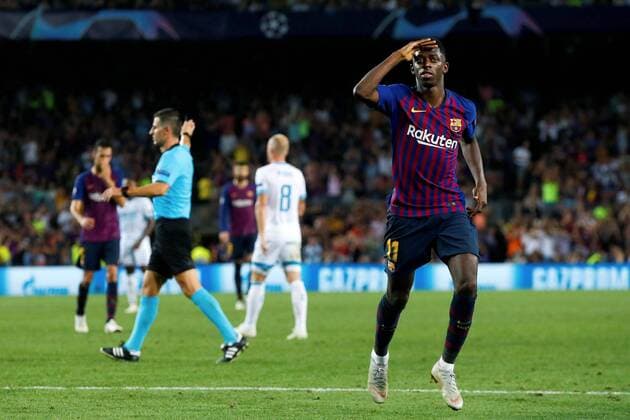 Barcelona s winger Ousmane Dembele celebrates after scoring a goal during the UEFA Champions League match Group B soccer match between Barcelona and PSV Eindhoven at Camp Nou stadium in Barcelona, Catalonia, Spain, 18 September 2018. FC Barcelona Barca PSV EINDHOVEN !ACHTUNG: NUR REDAKTIONELLE NUTZUNG!  Copyright: xEnricxFontcubertax GRAF5862 20180918-636729004811483411