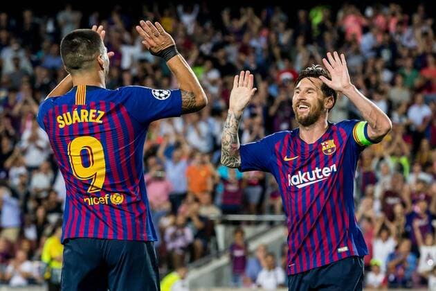 BARCELONA, 18-09-2018, Stadium Nou Camp, season 2018 2019, Champions League football. Barcelona player Lionel Messi (R) celebrating the 3-0 with Barcelona player Luis Suarez (L) during the game FC Barcelona Barca - PSV (4-0). Barcelona - PSV  x2474987x