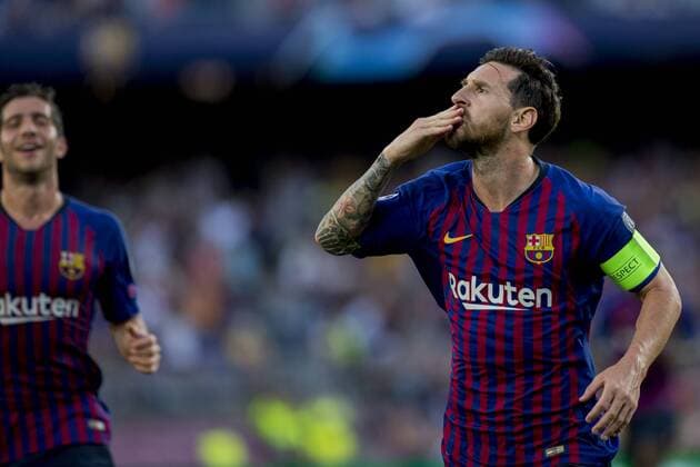Futbol, Champions League. Barcelona vs. PSV Primera fecha del Grupo B El jugador de Barcelona, Lionel Messi festeja su gol contra PSV durante el partido disputado en el Estadio Camp Nou, Barcelona 18-9-2018 Joan Morfort Photosport Futbol, Champions League. Barcelona vs. PSV 