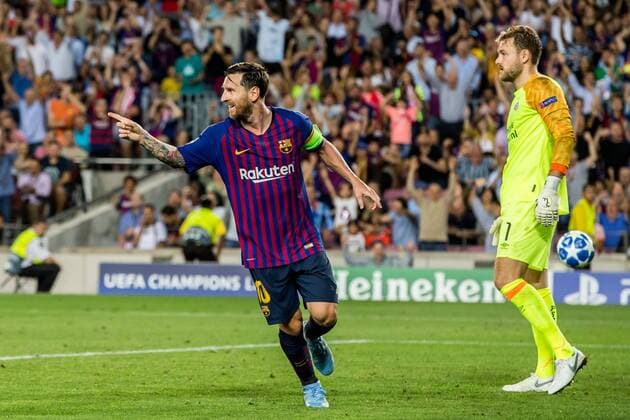 BARCELONA, 18-09-2018, Stadium Nou Camp, season 2018 2019, Champions League football. Barcelona player Lionel Messi (L) celebrating the 4-0 with during the game FC Barcelona Barca - PSV (4-0). Barcelona - PSV  x2474993x