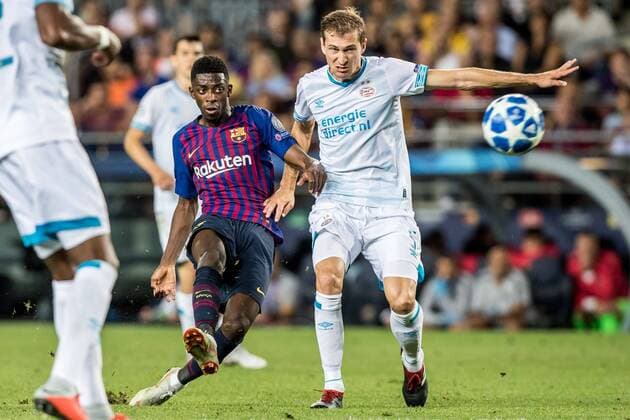 Sport Bilder des Tages BARCELONA, 18-09-2018, Stadium Nou Camp, season 2018 2019, Champions League football. Barcelona player Ousmane Dembele (L) scoring the (2-0) during the game FC Barcelona Barca - PSV(4-0). Barcelona - PSV  x2475050x