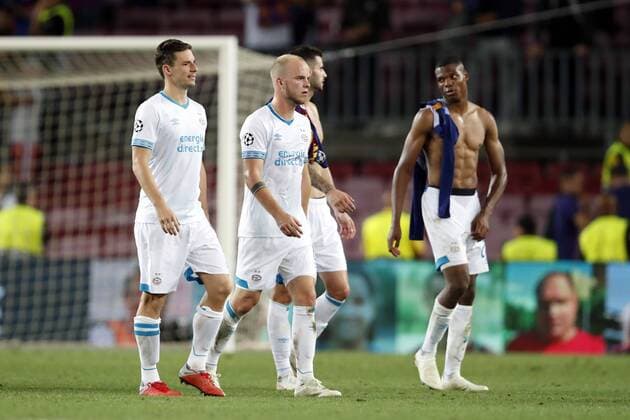 (l-r) Nick Viergever of PSV, Jorrit Hendrix of PSV, Gaston Pereiro of PSV, Nicolas Isimat-Mirin of PSV during the UEFA Champions League group B match between FC Barcelona Barca and PSV Eindhoven at the Camp Nou stadium on September 18, 2018 in Barcelona, Spain. UEFA Champions League 2018 2019 xVIxVIxImagesx xMauricexvanxSteenxIVx 12163205