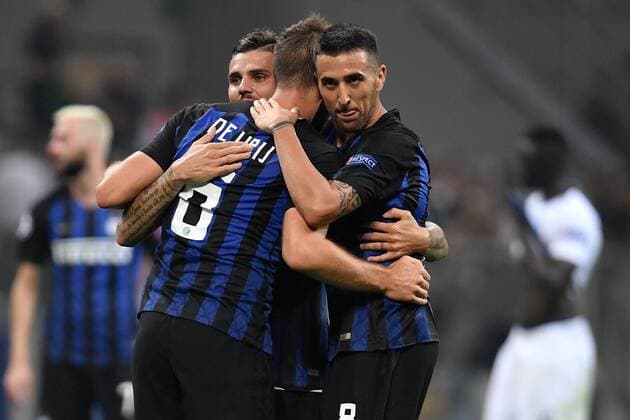 Fußball, CL, Inter Mailand - Tottenham Hotspur Esultanza Mauro Icardi, Matias Vecino, Stefan De Vrij Inter Celebration Milano 18-09-2018 Stadio Giuseppe Meazza Football Calcio Uefa Champions League 2018 2019 Group B FC Internazionale Milano - Tottenham Hotspur Foto Andrea Staccioli Insidefoto AndreaxStaccioli