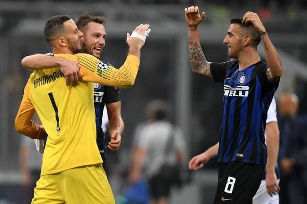 Fußball, CL, Inter Mailand - Tottenham Hotspur Samir Handanovic, Stefan De Vrij, Matias Vecino Inter Celebration Esultanza Milano 18-09-2018 Stadio Giuseppe Meazza Football Calcio Uefa Champions League 2018 2019 Group B FC Internazionale Milano - Tottenham Hotspur Foto Andrea Staccioli Insidefoto AndreaxStaccioli