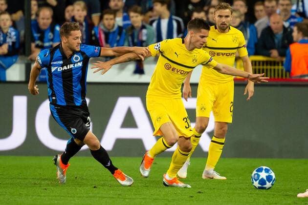 Bruegge Belgium 18 09 2018 UEFA Champions League 2018 19 Season Preliminary Round Group Stage Group A 1 Matchday Club Bruegge BV Borussia Dortmund Mats Rits Bruegge and Julian Weigl BVB in action DeFodi001