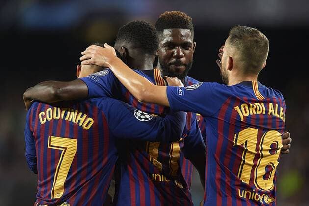 BARCELONA, 18-09-2018. Champions League 2018 2019, group B, date 1. Samuel Umtiti of FC Barcelona Barca celebrates with his teammates the Ousmane Dembele goal during the game FC Barcelona 4-0 PSV Eindhoven Barcelona - PSV Eindhoven  x2475104x