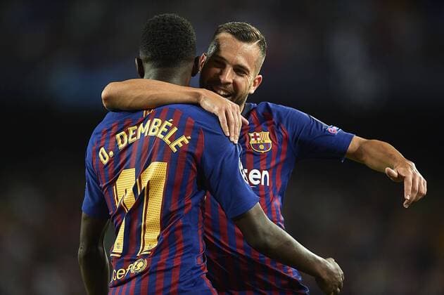BARCELONA, 18-09-2018. Champions League 2018 2019, group B, date 1. Ousmane Dembele of FC Barcelona Barca celebrates his goal with his teammate Jordi Alba during the game FC Barcelona 4-0 PSV Eindhoven Barcelona - PSV Eindhoven  x2475146x
