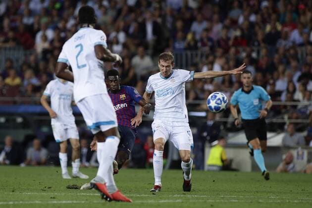 18th September 2018, Camp Nou, Barcelona, Spain; UEFA Champions League football, FC Barcelona Barca versus PSV; Ousmane Demb& xe9;l& xe9; of FC Barcelona scores his side s 2nd goal in minute 74  ActionPlus12063557 EricxAlonso