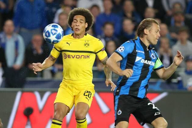 Dortmund s Axel Witsel and Club s Ruud Vormer fight for the ball during a game between Belgian soccer team Club Brugge KV and German club Borussia Dortmund, in Brugge, Tuesday 18 September 2018, day one of the UEFA Champions League, in group A. BRUNOxFAHY  x05428676x