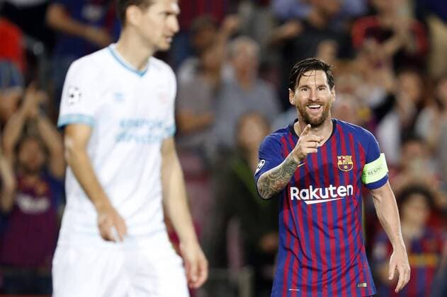(L-R) Daniel Schwaab of PSV, Lionel Messi of FC Barcelona Barca during the UEFA Champions League group B match between FC Barcelona and PSV Eindhoven at the Camp Nou stadium on September 18, 2018 in Barcelona, Spain. UEFA Champions League 2018 2019 xVIxVIxImagesx xMauricexvanxSteenxIVx 12163413