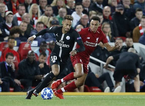 PSG forward Neymar Neymar and Trent Alexander-Arnold of Liverpool during the UEFA Champions League - Group C match at the Anfield Stadium, Liverpool. Picture date 18th September 2018. Picture credit should read: Andrew Yates Sportimage EDITORIAL USE ONLY. No use with unauthorised audio, video, data, fixture lists, club league logos or live services. Online in-match use limited to 120 images, no video emulation. No use in betting, games or single club league player publications.