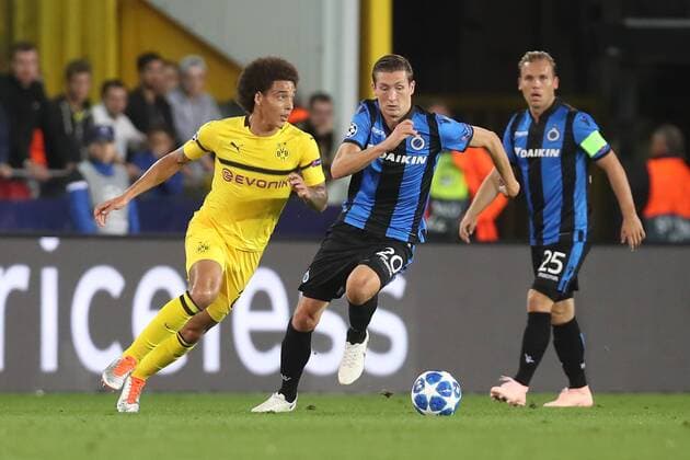 Dortmund s Axel Witsel and Club s Hans Vanaken fight for the ball during a game between Belgian soccer team Club Brugge KV and German club Borussia Dortmund, in Brugge, Tuesday 18 September 2018, day one of the UEFA Champions League, in group A. BRUNOxFAHY  x05428695x