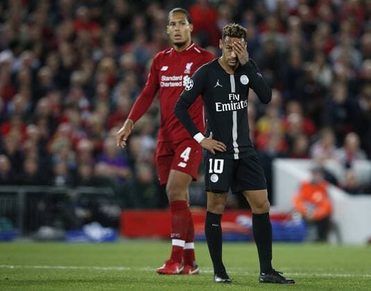 Sport Bilder des Tages PSG forward Neymar Neymar reacts during the UEFA Champions League - Group C match at the Anfield Stadium, Liverpool. Picture date 18th September 2018. Picture credit should read: Andrew Yates Sportimage EDITORIAL USE ONLY. No use with unauthorised audio, video, data, fixture lists, club league logos or live services. Online in-match use limited to 120 images, no video emulation. No use in betting, games or single club league player publications.