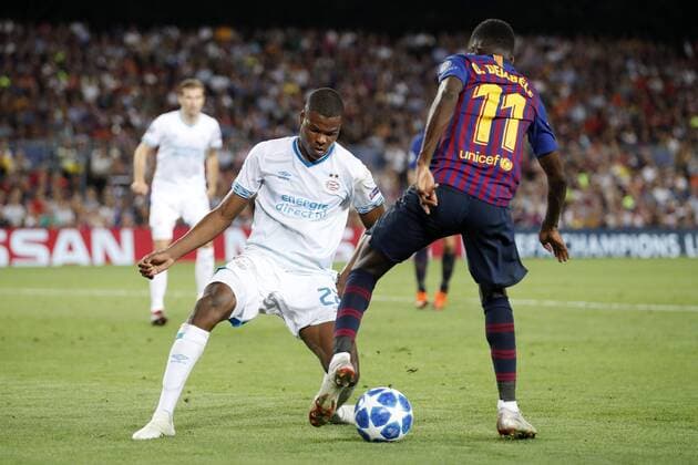 (L-R) Denzel Dumfries of PSV, Ousmane Dembele of FC Barcelona Barca during the UEFA Champions League group B match between FC Barcelona and PSV Eindhoven at the Camp Nou stadium on September 18, 2018 in Barcelona, Spain. UEFA Champions League 2018 2019 xVIxVIxImagesx xMauricexvanxSteenxIVx 12163655