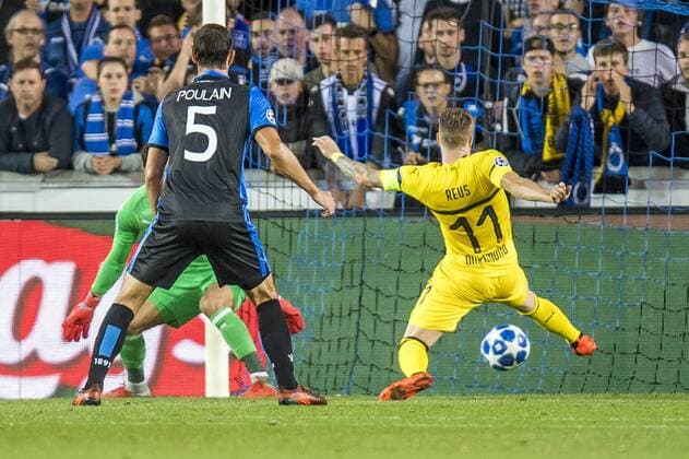 Football Champions League Season 2018 2019 Group Stage 1 Gameday Club Bruges Borussia Dortmund on 18 09 2018 at the Jan Breydel Stadium in Bruges Belgium Dortmunds Marco Reus rescues his own goal DFL REGULATIONS PROHIBIT ANY USE OF PHOTOGRAPH AS IMAGE SEQUENCES AND OR QUASI VIDEO Copyright: xKirchner DavidxInderliedx
