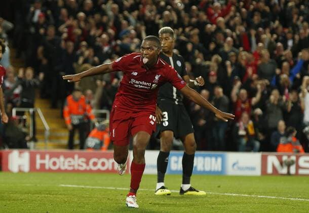 Liverpool forward Daniel Sturridge celebrates scoring the first goal during the UEFA Champions League - Group C match at the Anfield Stadium, Liverpool. Picture date 18th September 2018. Picture credit should read: Andrew Yates Sportimage EDITORIAL USE ONLY. No use with unauthorised audio, video, data, fixture lists, club league logos or live services. Online in-match use limited to 120 images, no video emulation. No use in betting, games or single club league player publications.