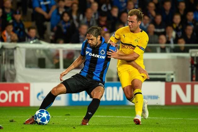 Bruegge Belgium 18 09 2018 UEFA Champions League 2018 19 Season Preliminary Round Group Stage Group A 1 Matchday Club Bruegge BV Borussia Dortmund Benoit Poulain Bruegge and Mario Goetze BVB in the battle DeFodi001