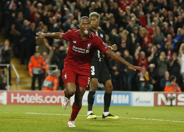 Liverpool forward Daniel Sturridge celebrates scoring the first goal during the UEFA Champions League - Group C match at the Anfield Stadium, Liverpool. Picture date 18th September 2018. Picture credit should read: Andrew Yates Sportimage EDITORIAL USE ONLY. No use with unauthorised audio, video, data, fixture lists, club league logos or live services. Online in-match use limited to 120 images, no video emulation. No use in betting, games or single club league player publications.