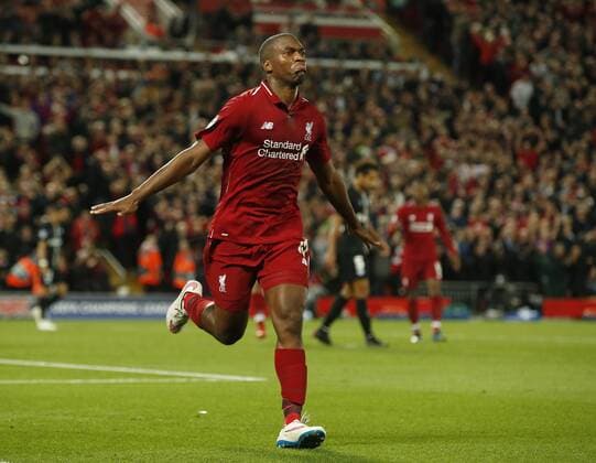 Liverpool forward Daniel Sturridge celebrates scoring the first goal during the UEFA Champions League - Group C match at the Anfield Stadium, Liverpool. Picture date 18th September 2018. Picture credit should read: Andrew Yates Sportimage EDITORIAL USE ONLY. No use with unauthorised audio, video, data, fixture lists, club league logos or live services. Online in-match use limited to 120 images, no video emulation. No use in betting, games or single club league player publications.
