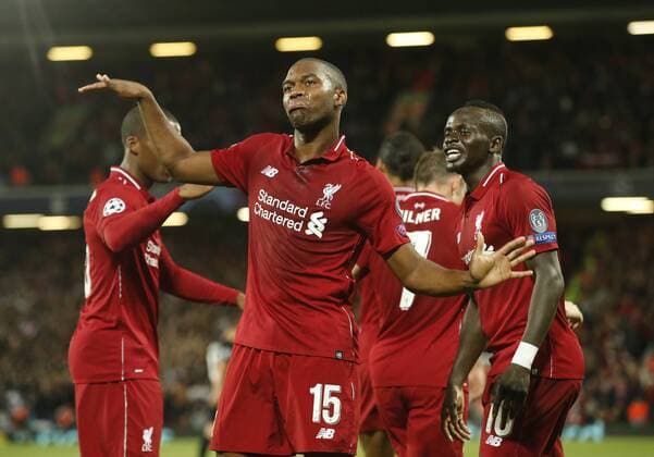 Liverpool forward Daniel Sturridge celebrates scoring the first goal during the UEFA Champions League - Group C match at the Anfield Stadium, Liverpool. Picture date 18th September 2018. Picture credit should read: Andrew Yates Sportimage EDITORIAL USE ONLY. No use with unauthorised audio, video, data, fixture lists, club league logos or live services. Online in-match use limited to 120 images, no video emulation. No use in betting, games or single club league player publications.