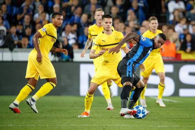 Dortmund s Julian Weigl and Club s Wesley Moraes fight for the ball during a game between Belgian soccer team Club Brugge KV and German club Borussia Dortmund, in Brugge, Tuesday 18 September 2018, day one of the UEFA Champions League, in group A. KURTxDESPLENTER  x05428713x