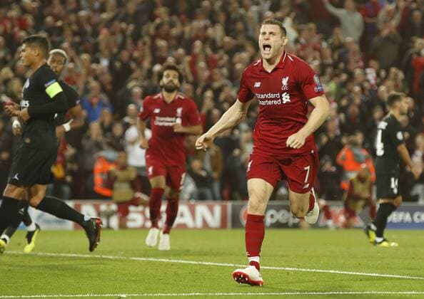 Liverpool midfielder James Milner celebrates scoring the second goal during the UEFA Champions League - Group C match at the Anfield Stadium, Liverpool. Picture date 18th September 2018. Picture credit should read: Andrew Yates Sportimage EDITORIAL USE ONLY. No use with unauthorised audio, video, data, fixture lists, club league logos or live services. Online in-match use limited to 120 images, no video emulation. No use in betting, games or single club league player publications.