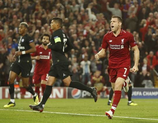Liverpool midfielder James Milner celebrates scoring the second goal during the UEFA Champions League - Group C match at the Anfield Stadium, Liverpool. Picture date 18th September 2018. Picture credit should read: Andrew Yates Sportimage EDITORIAL USE ONLY. No use with unauthorised audio, video, data, fixture lists, club league logos or live services. Online in-match use limited to 120 images, no video emulation. No use in betting, games or single club league player publications.