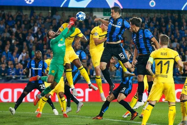 Club s Matej Mitrovic (C) pictured in action during a game between Belgian soccer team Club Brugge KV and German club Borussia Dortmund, in Brugge, Tuesday 18 September 2018, day one of the UEFA Champions League, in group A. BRUNOxFAHY  x05428740x