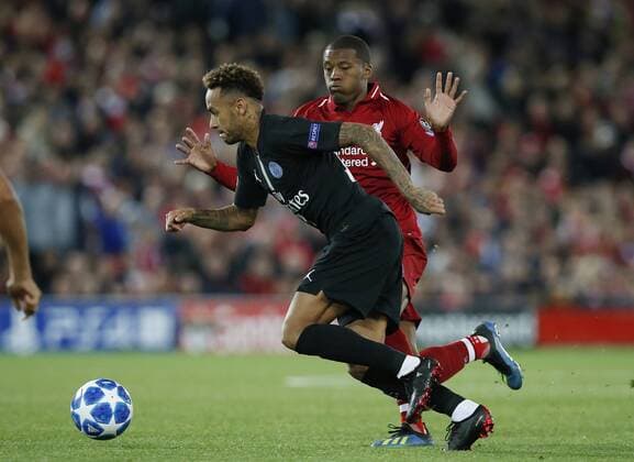 PSG forward Neymar Neymar tackled by Liverpool midfielder Georginio Wijnaldum during the UEFA Champions League - Group C match at the Anfield Stadium, Liverpool. Picture date 18th September 2018. Picture credit should read: Andrew Yates Sportimage EDITORIAL USE ONLY. No use with unauthorised audio, video, data, fixture lists, club league logos or live services. Online in-match use limited to 120 images, no video emulation. No use in betting, games or single club league player publications.