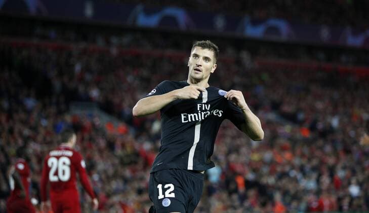 Football - 2018 2019 UEFA Champions League - Group C: Liverpool vs. Paris Saint-Germain Thomas Meaner of PSG celebrates scoring at Anfield. COLORSPORT LYNNE CAMERON 