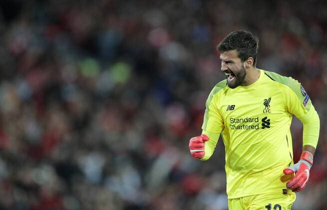 Football - 2018 2019 UEFA Champions League - Group C: Liverpool vs. Paris Saint-Germain Allison Becker celebrates at Anfield. COLORSPORT LYNNE CAMERON 