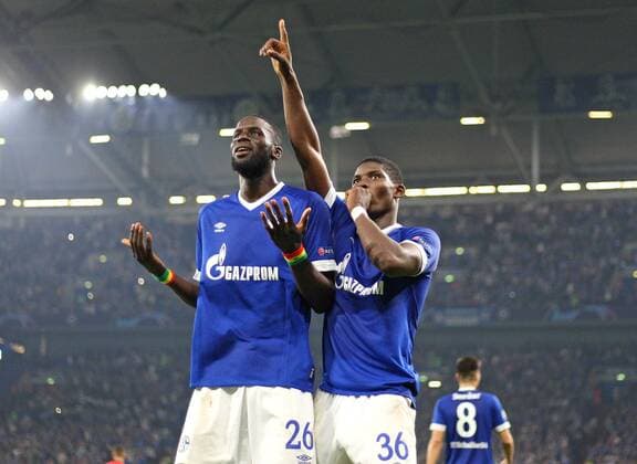 18 09 2018 Football UEFA Champions League 2018 2019 Group Stage 1 Gameday FC Schalke 04 FC Porto in the VELTINS Arena Gelsenkirchen rejoicing LR Salif Sane Schalke and goalscorer Breel Embolo Schalke to the goal of 1 0 DFL and DFB regulations prohibit any use of photographs as image sequences and or quasi video
