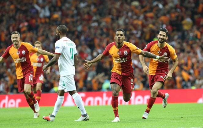 Galatasaray players celebrates for Garry Rodrigues s goal During the Champions league match between Galatasaray and Lokomotiv Moscow at Turk Telekom Stadium in Istanbul , Turkey on September 18 , 2018. 