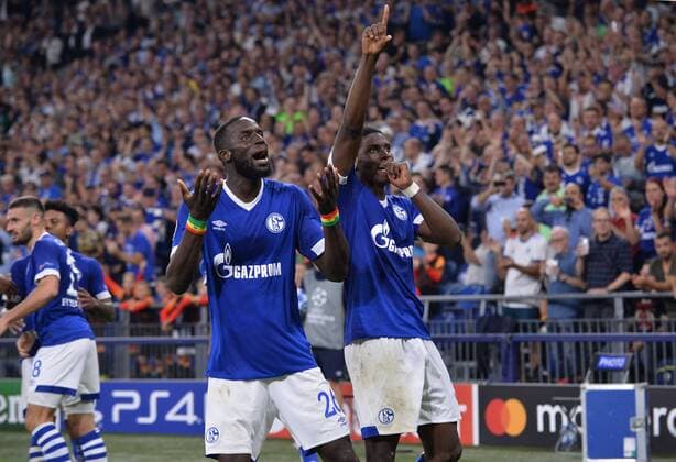 Football Champions League Group Stage 1 Gameday FC Schalke 04 FC Porto on 18 09 2018 in the Veltins Arena in Gelsenkirchen Salif Sane Schalke on the left Breel Embolo Schalke on the right DFL Regulations prohibit any use of images as image sequences or quasi video xTTx