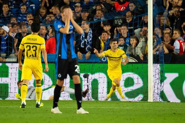 Bruegge Belgium 18 09 2018 UEFA Champions League 2018 19 Season Preliminary Round Group Stage Group A 1 Gameday Club Bruegge BV Borussia Dortmund Torjubel Christian Pulisic BVB celebrates his 0-1 DeFodi001 victory