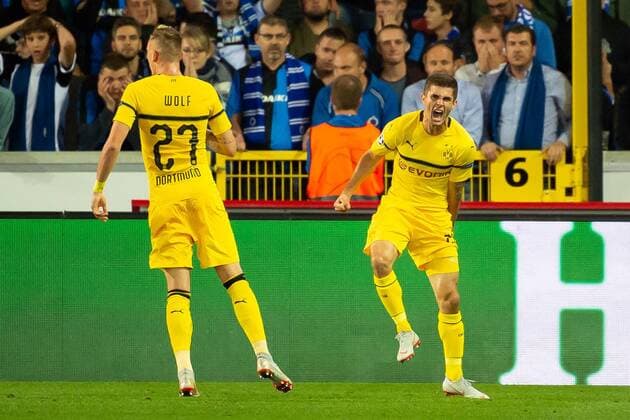 Bruegge Belgium 18 09 2018 UEFA Champions League 2018 19 Season Preliminary Round Group Stage Group A 1 Gameday Club Bruegge BV Borussia Dortmund Torjubel Christian Pulisic BVB celebrates his 0-1 DeFodi001 victory