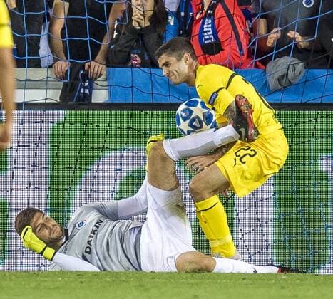 Football Champions League Season 2018 2019 Group stage 1 Gameday Club Bruges Borussia Dortmund on 18 09 2018 in the Jan Breydel Stadium in Bruges Belgium Dortmund Christian Pulisic meets 0 1 DFL REGULATIONS PROHIBIT ANY USE OF PHOTOGRAPHS AS IMAGE SEQUENCES AND OR QUASI VIDEO Copyright: xKirchner DavidxInderliedx