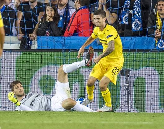Football Champions League Season 2018 2019 Group stage 1 Gameday Club Bruges Borussia Dortmund on 18 09 2018 in the Jan Breydel Stadium in Bruges Belgium Dortmund Christian Pulisic meets 0 1 DFL REGULATIONS PROHIBIT ANY USE OF PHOTOGRAPHS AS IMAGE SEQUENCES AND OR QUASI VIDEO Copyright: xKirchner DavidxInderliedx