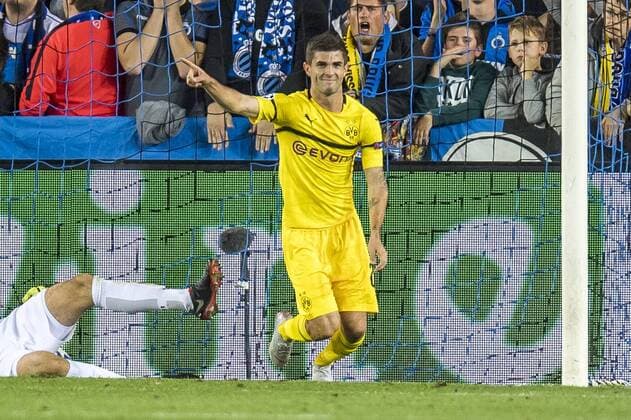 Football Champions League Season 2018 2019 Group Stage 1 Gameday Club Bruges Borussia Dortmund on 18 09 2018 at the Jan Breydel Stadium in Bruges Belgium Dortmunds Christian Pulisic celebrates after scoring 0 1 DFL REGULATIONS PROHIBIT ANY USE OF PHOTOGRAPHS AS IMAGE SEQUENCES AND OR QUASI VIDEO Copyright: xKirchner DavidxInderliedx
