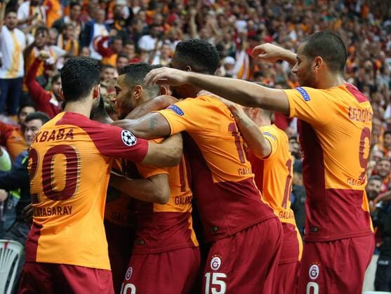 Galatasaray players celebrates for Garry Rodrigues s goalw During the Champions league match between Galatasaray and Lokomotiv Moscow at Turk Telekom Stadium in Istanbul , Turkey on September 18 , 2018. 
