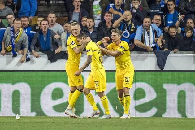 Football Champions League Season 2018 2019 Group stage 1 Gameday Club Brugge Borussia Dortmund on 18 09 2018 in Jan Breydel Stadium in Bruges Belgium v u200b u200bli Dortmunds Marius Wolf Dortmunds Christian Pulisic and Dortmunds Lukasz Piszczek cheer for the 0 1 DFL REGULATIONS PROHIBIT ANY USE OF PHOTOGRAPHS AS IMAGE SEQUENCES AND OR QUASI VIDEO Copyright: xKirchner DavidxInderliedx