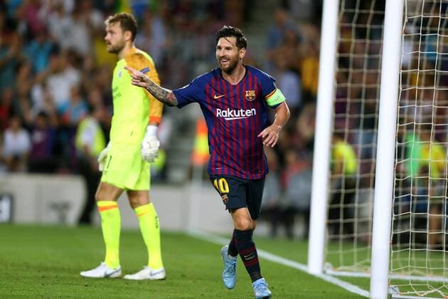 September 18, 2018 - Barcelona, Catalonia, Spain - Lionel Messi of FC Barcelona Barca celebrates after scoring his side s third goal while goalkeeper Jeroen Zoet looks dejected during the UEFA Champions League, Group B football match between FC Barcelona and PSV Eindhoven on September 18, 2018 at Camp Nou stadium in Barcelona, Spain Football - UEFA Champions League - FC Barcelona vs PSV Eindhoven  - ZUMAb169 20180918_zaa_b169_027 Copyright: xManuelxBlondeau Aop.Pressx
