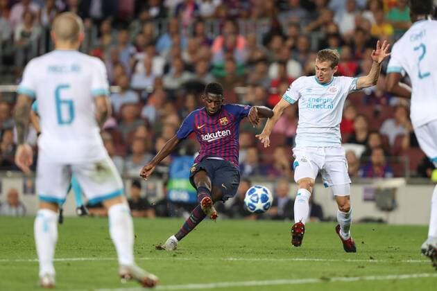 September 18, 2018 - Barcelona, Catalonia, Spain - Ousmane Dembele of FC Barcelona Barca kicks the ball to score his side s second goal during the UEFA Champions League, Group B football match between FC Barcelona and PSV Eindhoven on September 18, 2018 at Camp Nou stadium in Barcelona, Spain Football - UEFA Champions League - FC Barcelona vs PSV Eindhoven  - ZUMAb169 20180918_zaa_b169_025 Copyright: xManuelxBlondeau Aop.Pressx